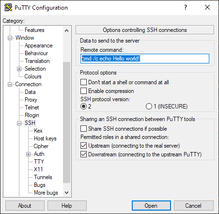 Putty configuration screenshot