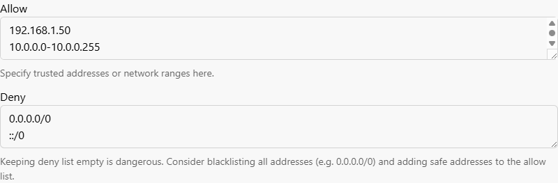 Example IP filtering configuration in the Web Admin